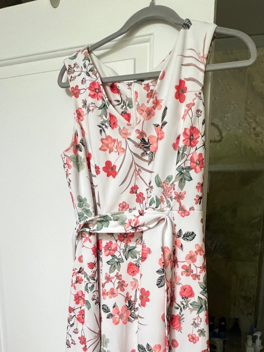 Calvin Klein White Midi Dress with Coral Floral Print